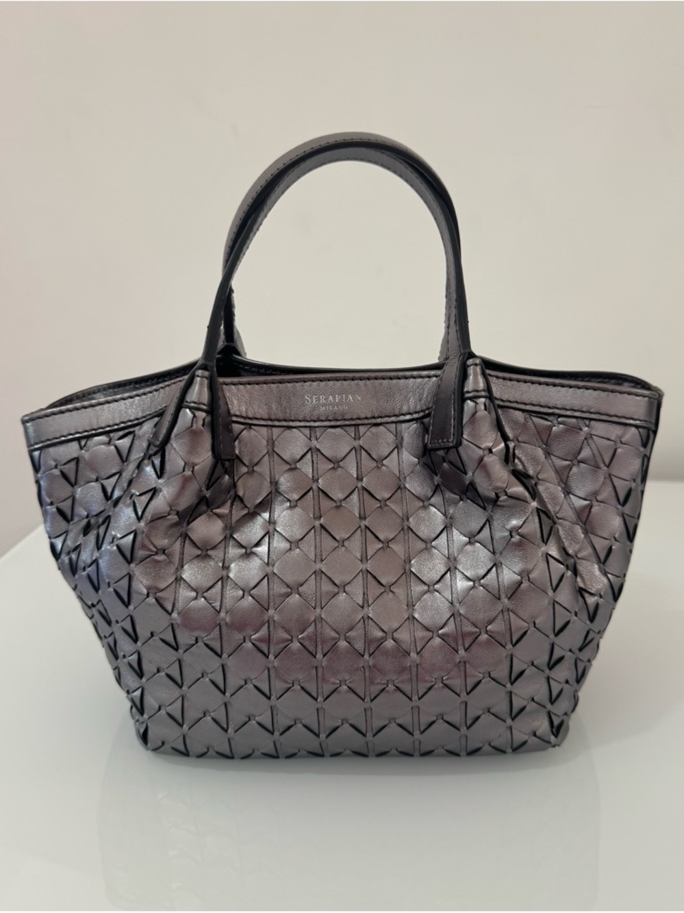 Serapian Secret Small Woven Metallic Leather Tote Bag in Gunmetal Gray